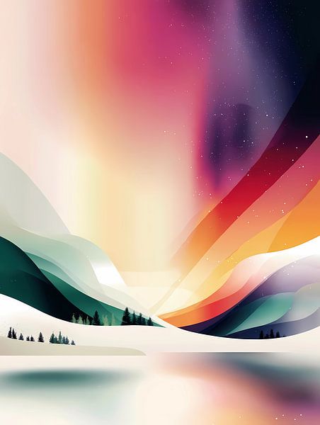 Forêt fantastique avec des arbres lumineux et des flocons de neige, par Ariadna de Raadt-Goldberg