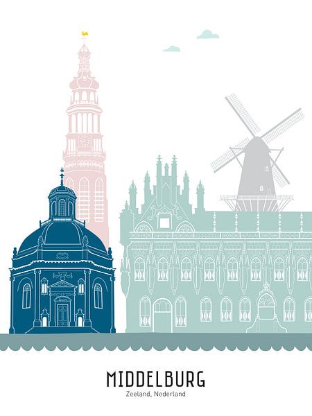 Illustration en couleur de la ville de Middelburg par Mevrouw Emmer