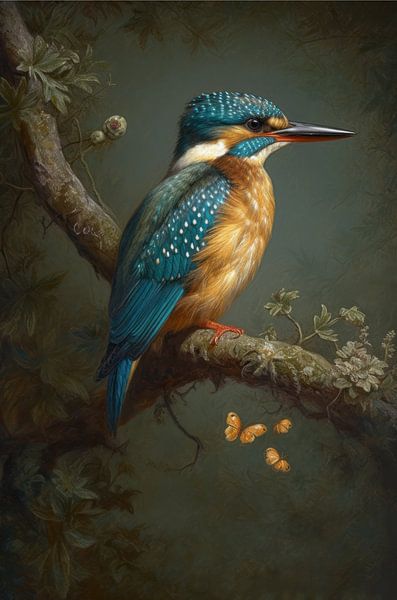 Kingfisher on Branch with Butterflies by Emil Husstege