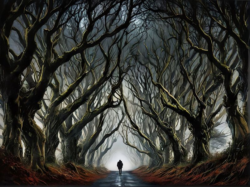 Maanlicht Mysterie: The Dark Hedges met Silhouet van Retrotimes