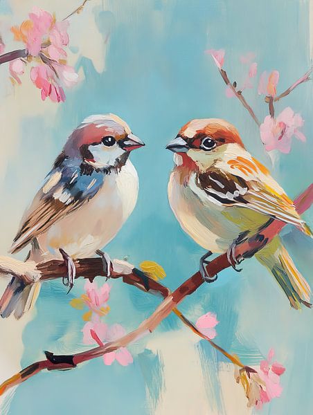 Zwei Vögel auf Ast von Blickfänger Gemälde