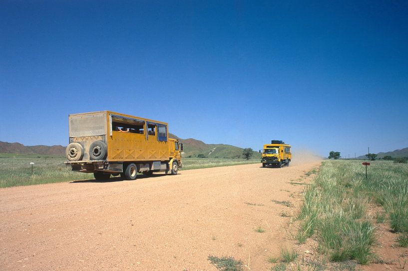Overland trucks in de Naminib van Richard Wareham