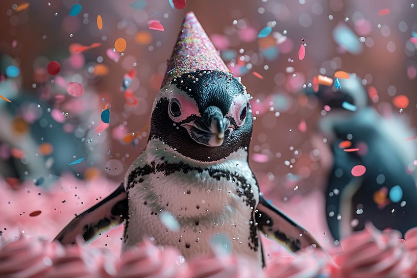 Funny penguin with party hat celebrating a birthday by Poster Art Shop