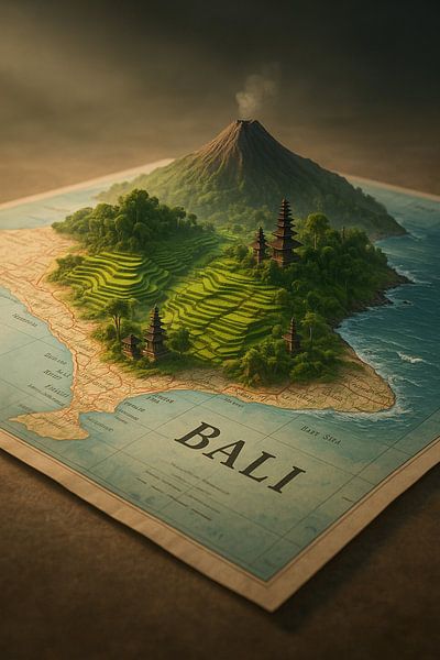Diorama cartographique 3D de Bali - Paysage insulaire avec rizières en terrasses et volcan par Travel Shop
