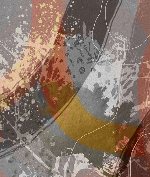 Abstracte retro botanische bladeren in taupe, goud, rood, zilver, grijs van Dina Dankers