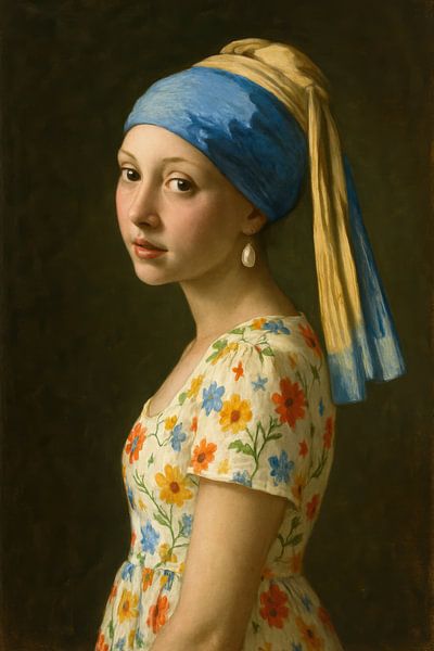 Fillette avec boucle d'oreille en perle et foulard bleu par Poster Art Shop