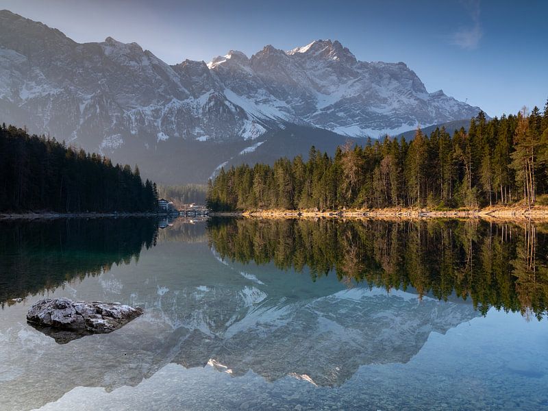 Morning mood at the Eibsee with reflection of the Zugspitze by Andreas Müller