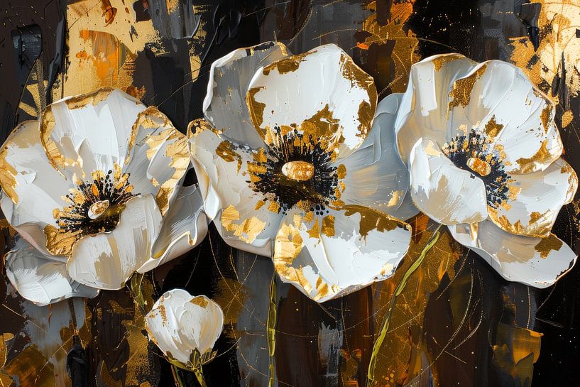 White flowers with gold an Abstract painting with luxury look by Dutch Art Works
