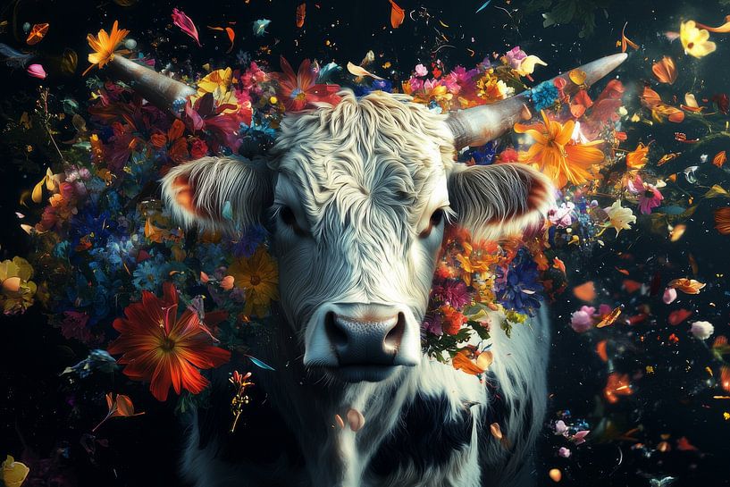 Floral Fantasy - Kuh in einem Wasserfall aus Blumen von Eva Lee