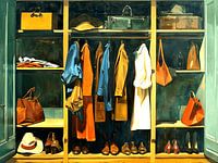 Kleiderschrank offen Kleidung Schuhe Hüte Taschen