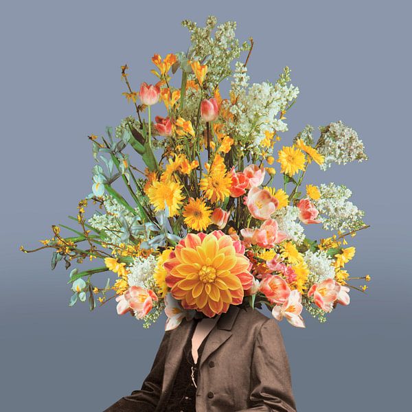 Self-portrait with flowers 2 (blue-grey) by toon joosen