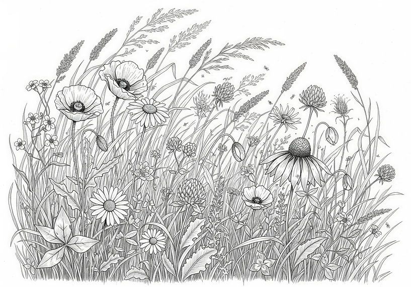 Schwarz-Weiß-Illustration von Wildblumen und Gräsern von Markus Gann