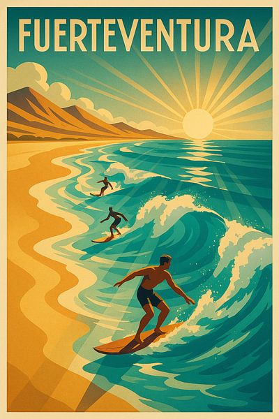 Vintage Fuerteventura Ocean Waves Print by Travel Shop