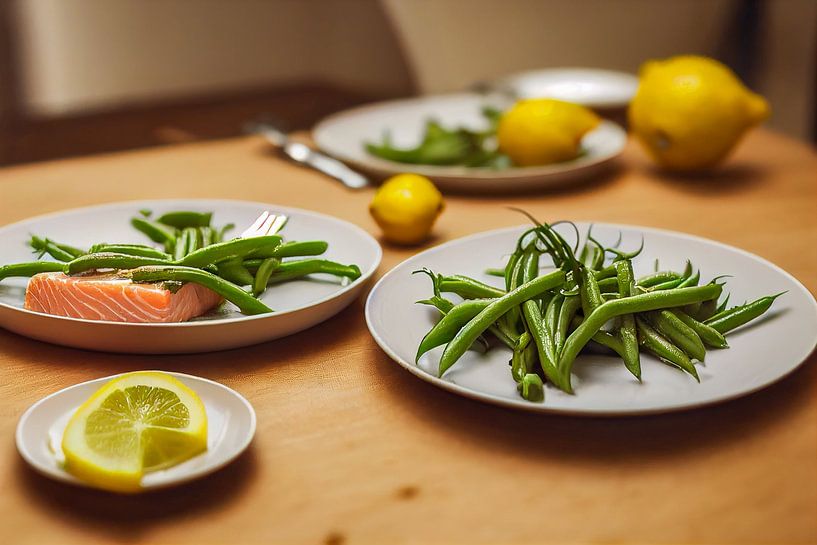 frischer Lachs mit Grünen Bohnen Illustration 03 von Animaflora PicsStock