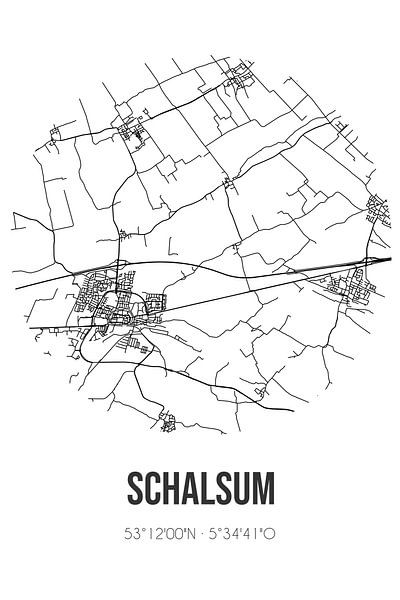 Schalsum (Fryslan) | Carte | Noir et blanc par Affiches de lieux