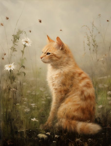 Rote Katze zwischen wilden Gänseblümchen von Emil Husstege