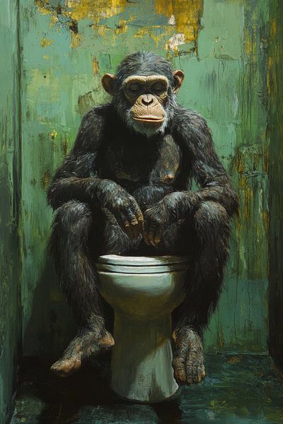 Reflectieve Chimpansee in Rustieke Badkamer Toilet van Eva Lee