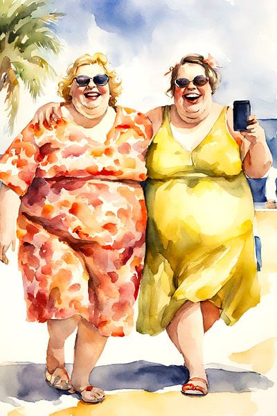 2 sociable ladies walking on a beach by De gezellige Dames