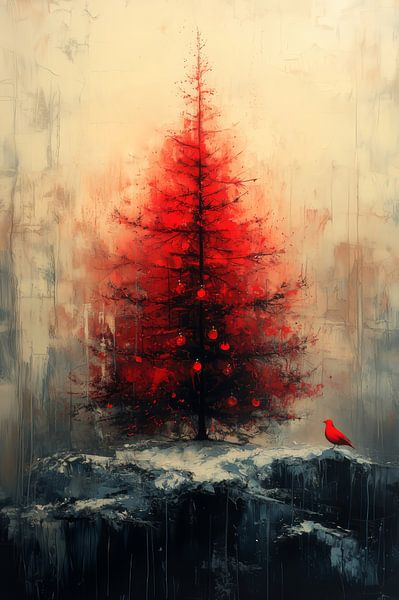 Tranquillité hivernale - Arbre rouge et oiseau en silence par Eva Lee