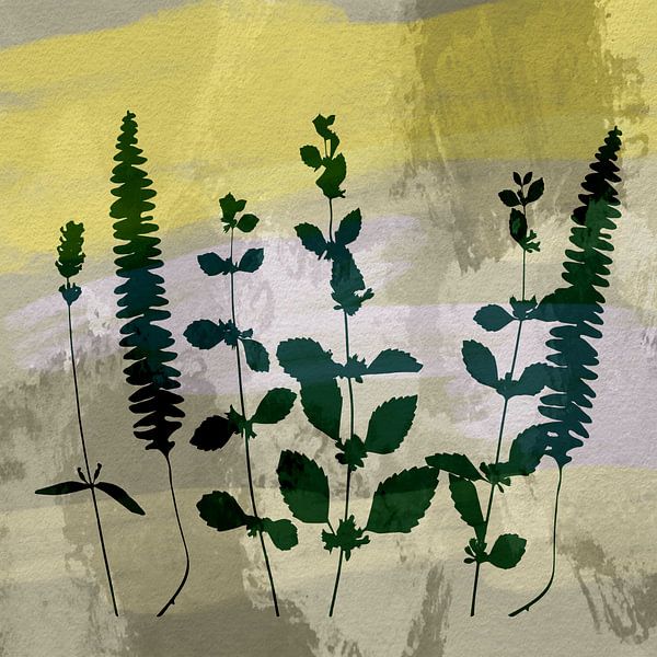 Blätter und Pflanzen auf Pastell. Botanisch im Retro-Stil auf gelb, beige, rosa von Dina Dankers