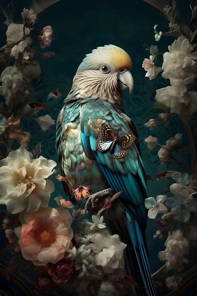 Vogel zwischen bunten Blumen von But First Framing