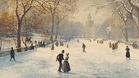 Snowy park with skating couple in old town (KI)