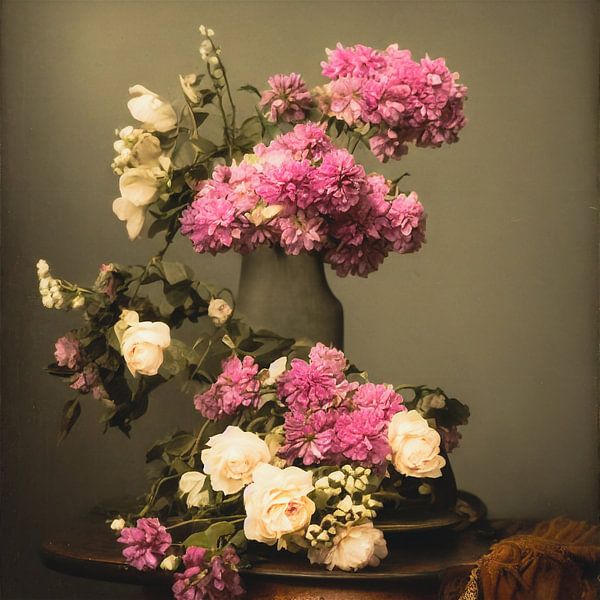 Stilleben mit rosa und weißen Blumen im Vintage-Fotorealismus von Roger VDB