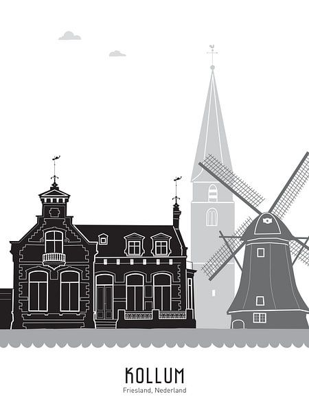 Skyline-Illustration Kollum, Friesland in schwarz-weiß-grau von Mevrouw Emmer
