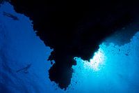 Silhouette of reef with freedivers