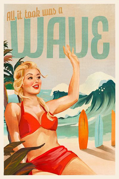 Pin-up surfeuse en bikini sur la plage par The Whiskey Ginger
