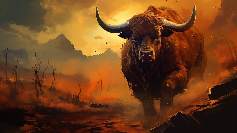 Old bull in the field wallpaper illustration, art painting design by Animaflora PicsStock