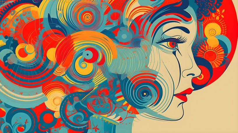 Profil féminin, géométrique, mélange de couleurs pastel et de couleurs vives par Jan Bechtum