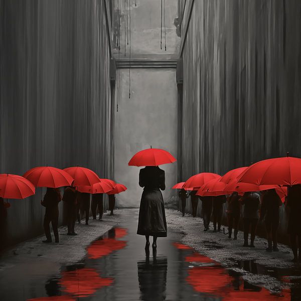 Femme et autres personnages avec des parapluies rouges par Wim Stolwerk