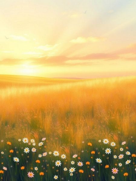 Lever de soleil dans la prairie dorée : Un paysage serein avec des fleurs sauvages et des oiseaux lointains par Artistic