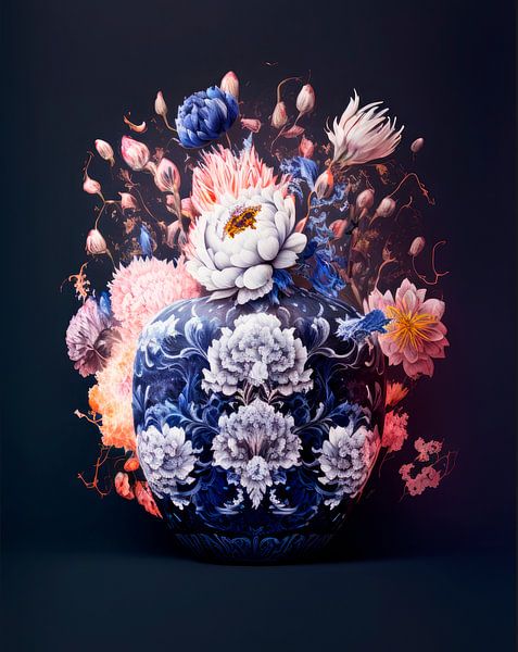 Uitbundige bloemen in delfts blauw 2 van DNH Expressions
