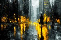 Regenachtige stad met lantaarns