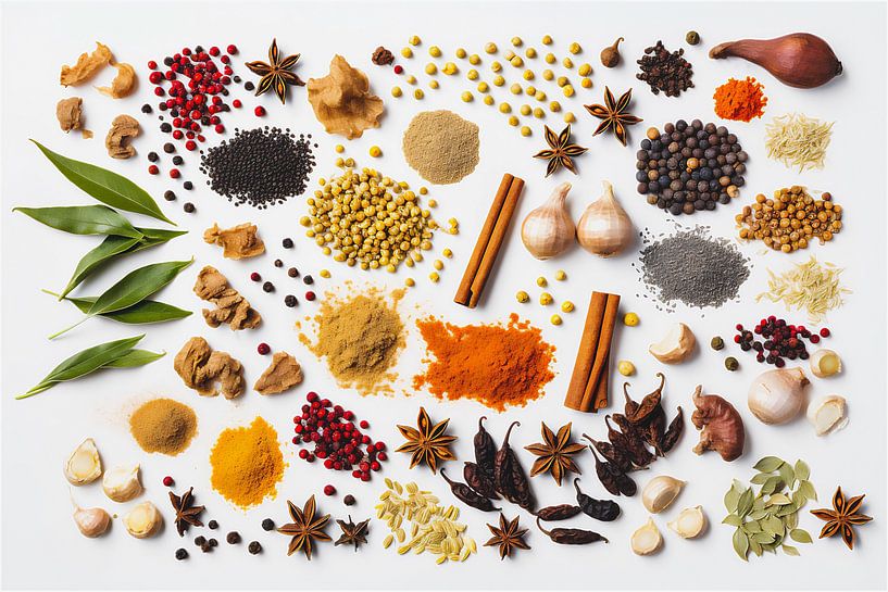 Diverses herbes et épices sur fond blanc par Roger VDB