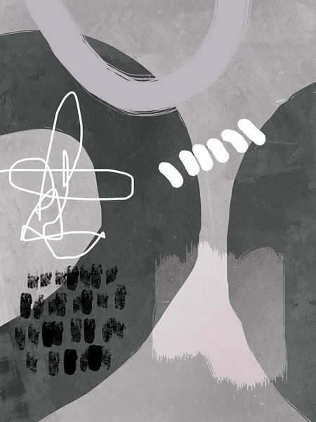 Abstracte geometrische organische vormen en lijnen in pastelkleuren in zwart, wit en grijs van Dina Dankers