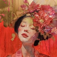 Aziatisch vrouwenportret met kimono in roodtinten