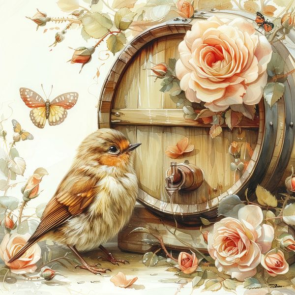 chiens-chats-oiseaux-vin-tonneau-papillons-fleurs par Gelissen Artworks