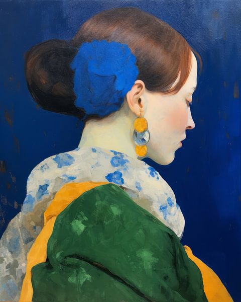 Classic portrait in blue, yellow and green by Carla Van Iersel