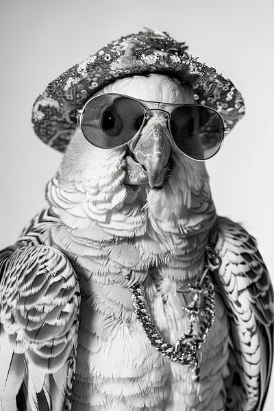 Perroquet avec lunettes de soleil et chapeau en noir et blanc par Poster Art Shop