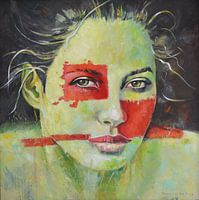 Dame verte avec des carrés rouges