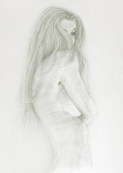 Sketch young woman , discreet nude light grey green by Krista Kitsz Art