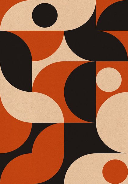 Retro 70s living. Abstract geometric art in black, burnt orange, white I by Dina Dankers