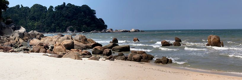 Photo panoramique d'une plage de sable ensoleillée avec de nombreuses pierres par Maurice de vries