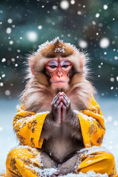 Singe en prière dans la neige par Poster Art Shop