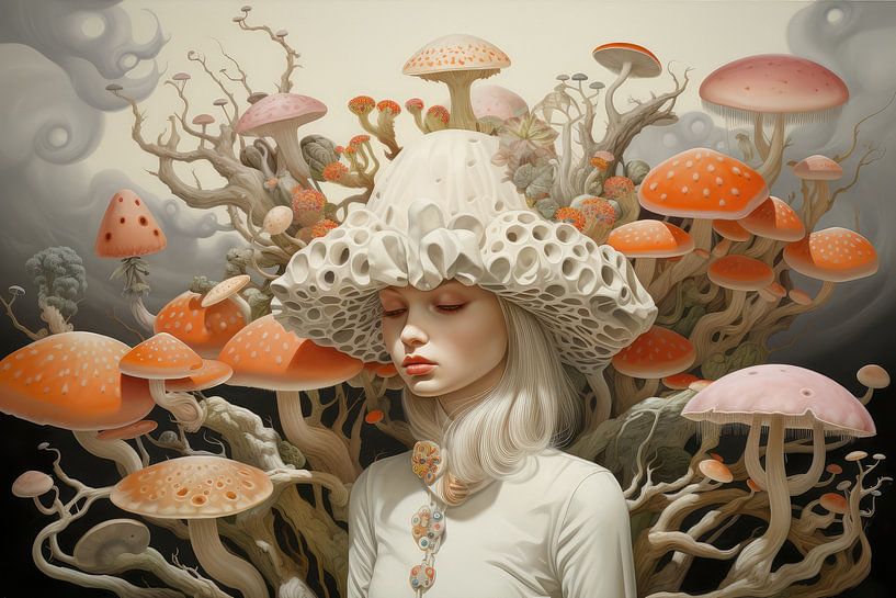 Bizarre image with a beautiful woman and mushrooms by Art Bizarre