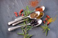 Épices ou herbes séchées sur des cuillères, nature morte