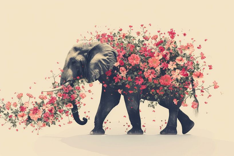 Éléphant dans l'oasis de fleurs - rose par Eva Lee